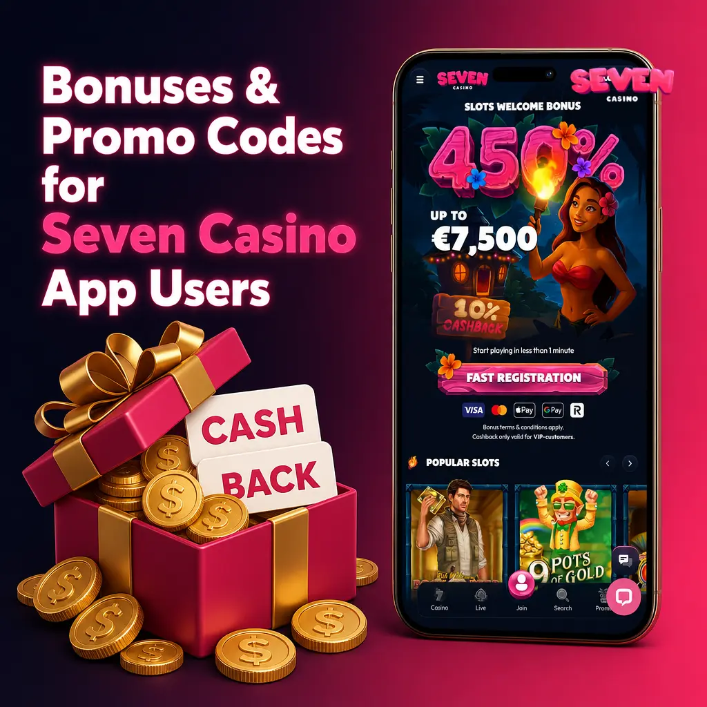 Seven Casino app bonuses showing 450% welcome bonus up to AUD 12,500 with promo code field in cashier for Australian players