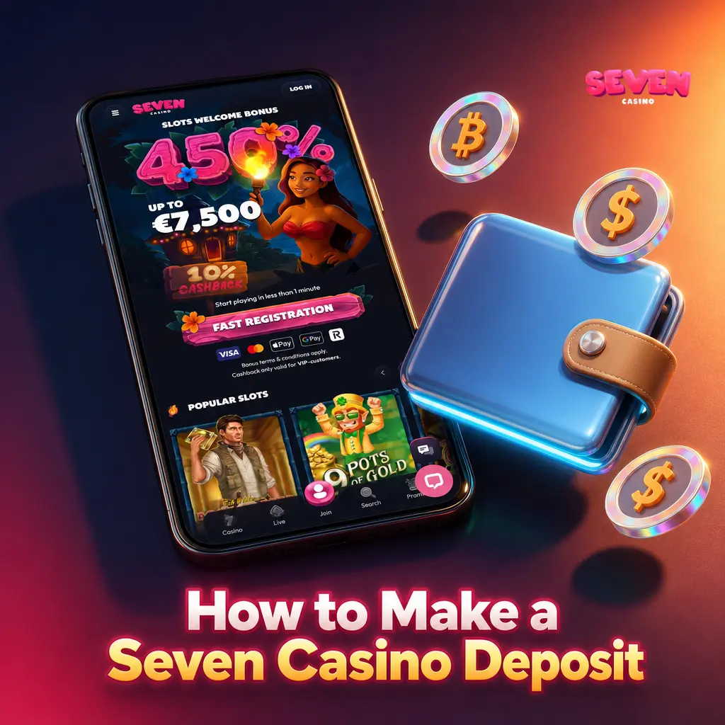 Seven Casino deposit steps showing payment method selection including Visa, Mastercard, and crypto options in AUD