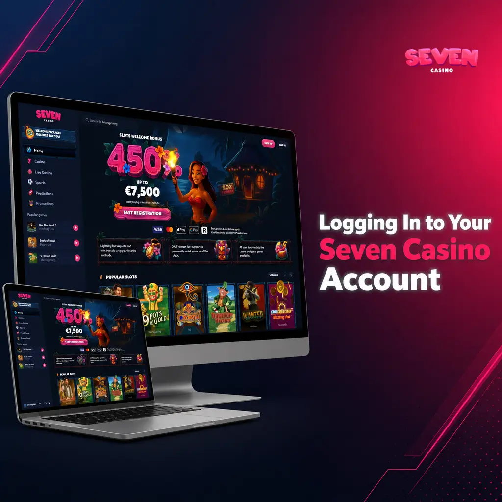 Seven Casino login form on desktop and Android app with email and password fields for quick account access