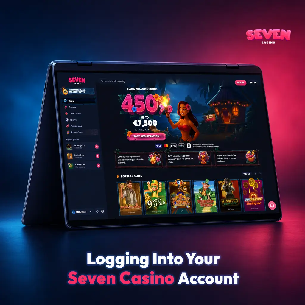 Seven Casino account login page showing email and password fields with two-factor authentication security settings option