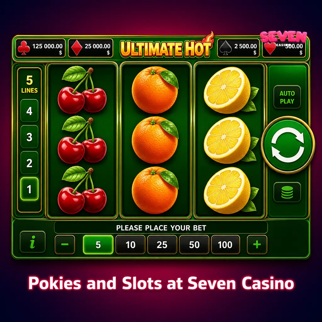 Pokies and slots lobby at Seven Casino featuring classic reels, 3D video slots, and progressive jackpot games