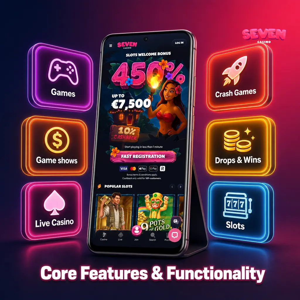 Seven Casino app interface showing sports betting, live streaming, pokies, and live dealer casino features on mobile