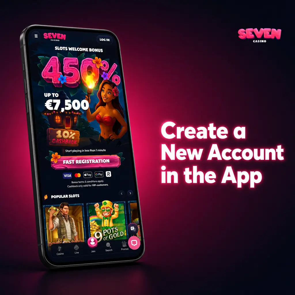 Seven Casino app registration form showing five steps to create a new account with 256-bit SSL encryption protection