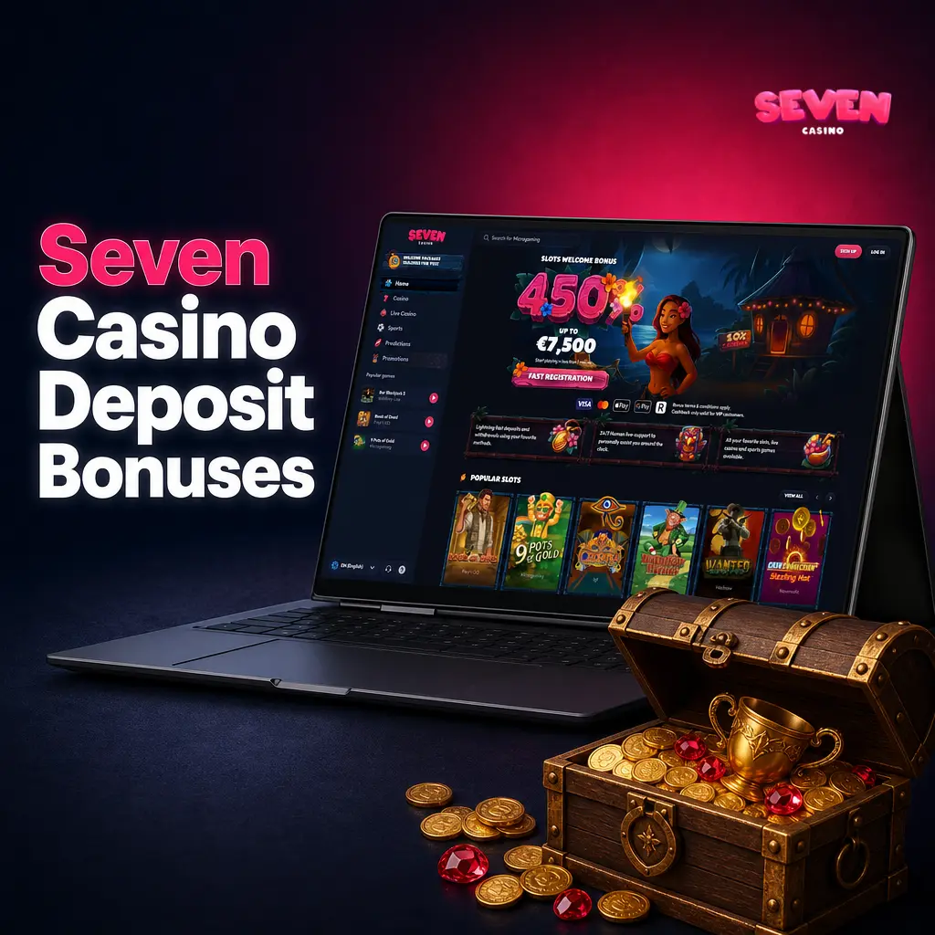 Seven Casino deposit bonus promotions page showing match bonuses and free spins offers for new and returning players