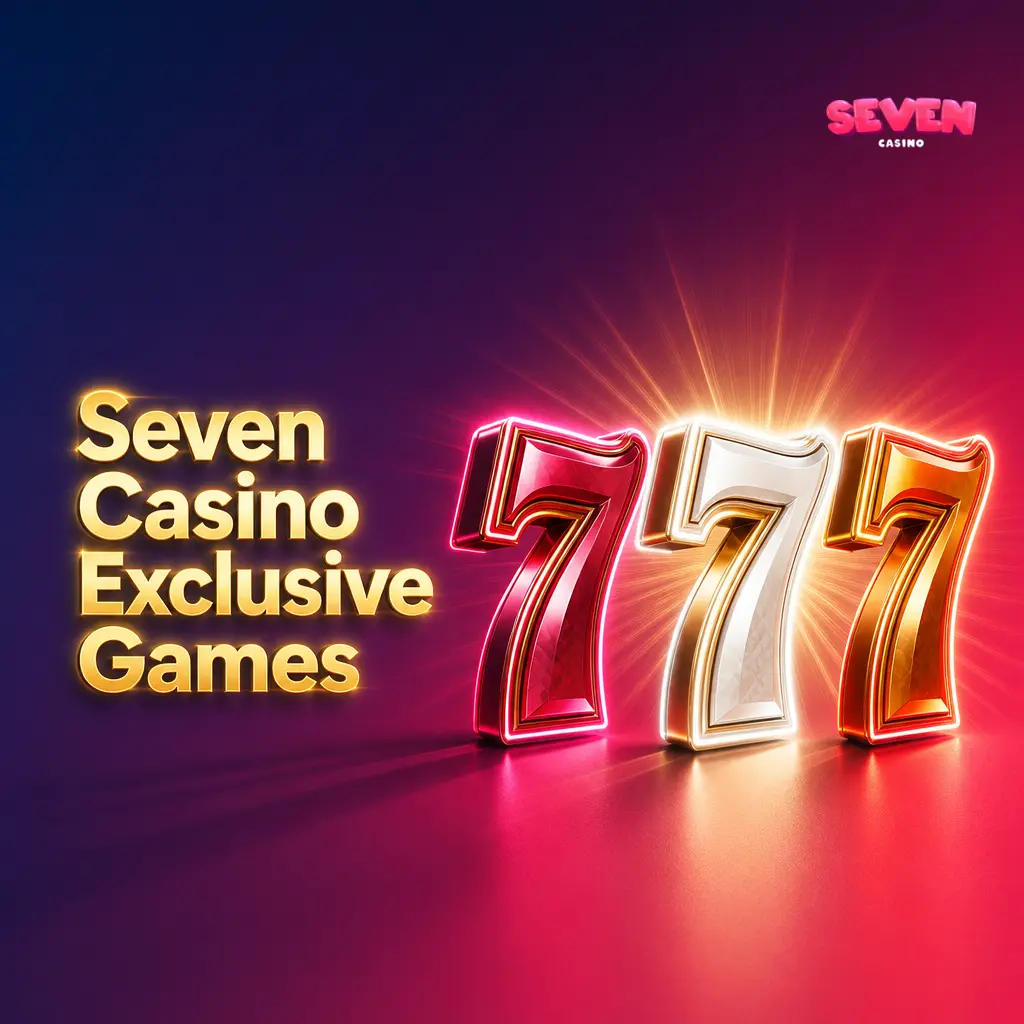 Seven Casino exclusive games lobby showing branded slots with crimson and navy palette and Exclusive badge filter