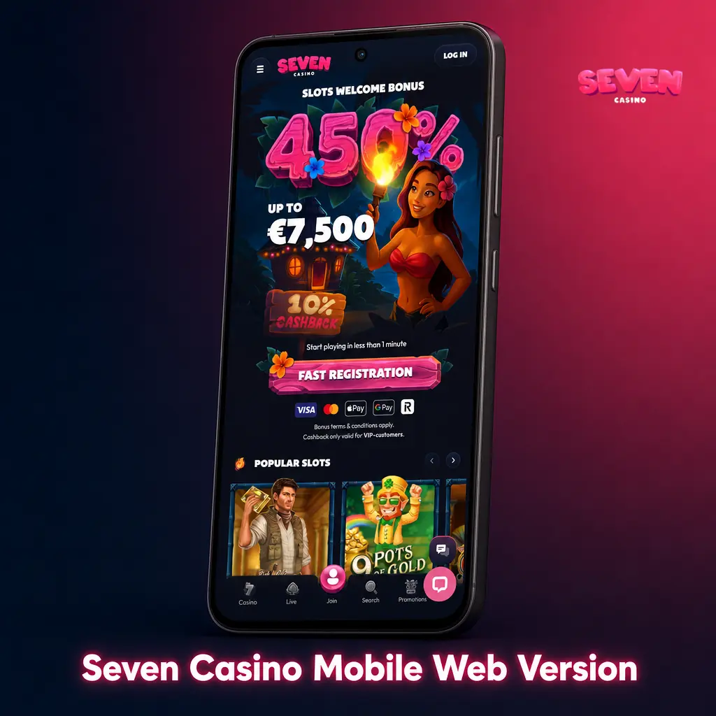Seven Casino mobile web version on smartphone browser showing adaptive layout with casino and sports betting features