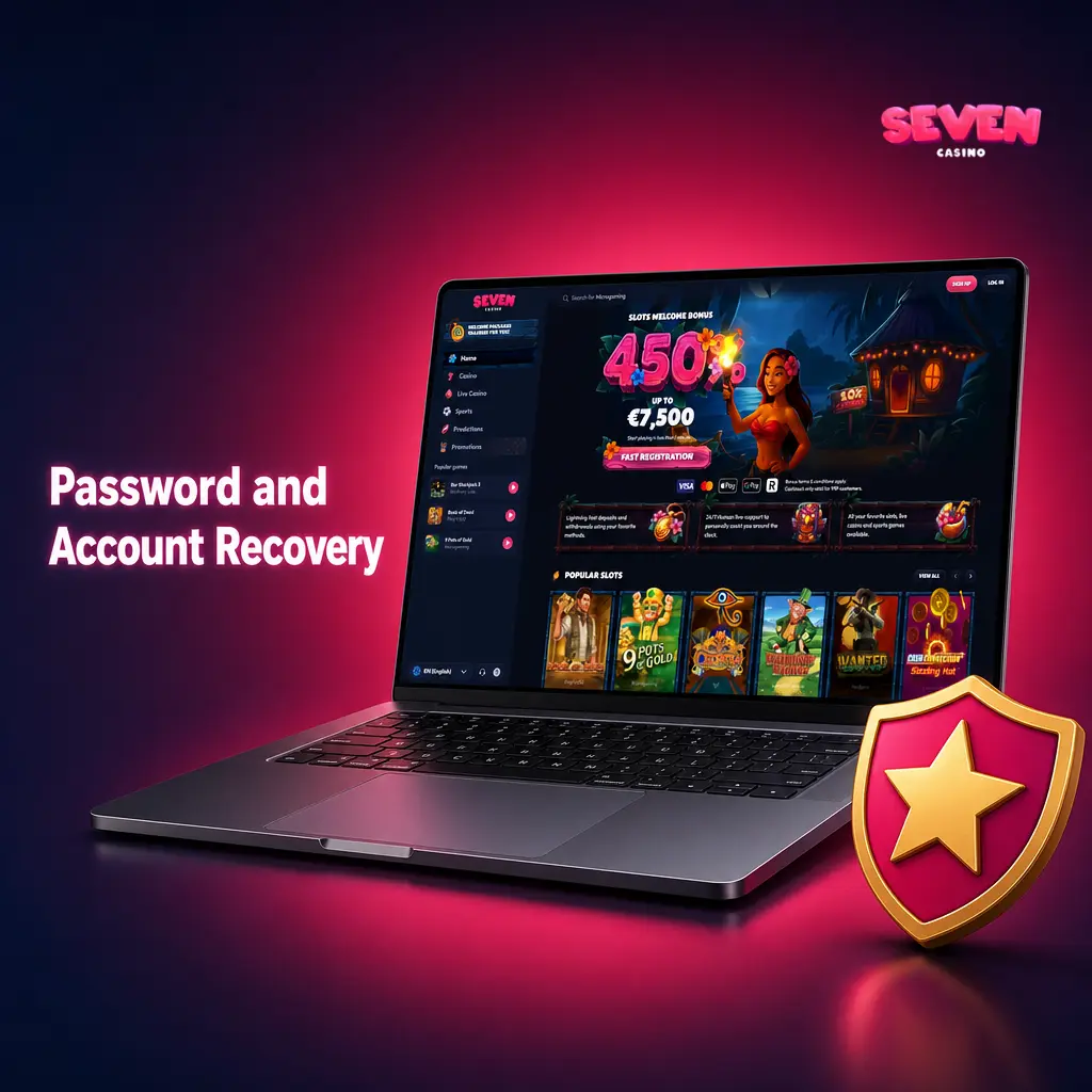 Seven Casino password recovery screen showing account access restoration steps via email or phone verification