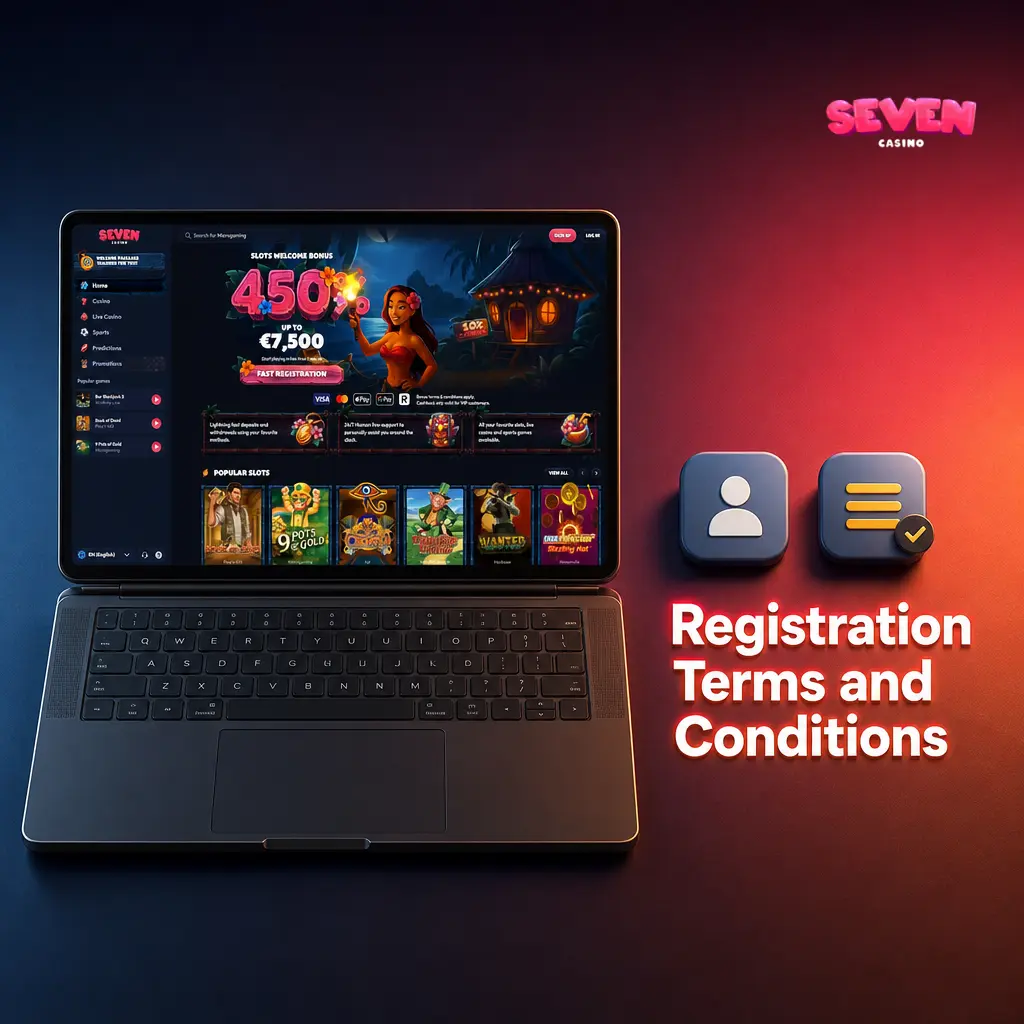 Seven Casino account registration terms showing one account per user policy and rules against multi-accounting or false information