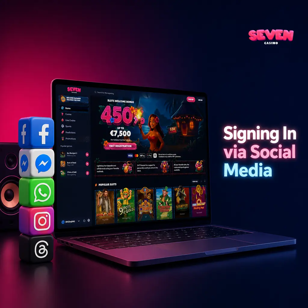 Seven Casino social media sign in options showing Google and Telegram login icons on the login screen