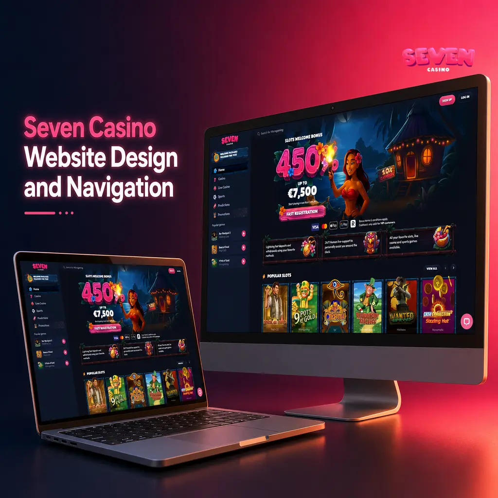 Dark navy and crimson Seven Casino website showing Sports, Live Casino, Slots and Promotions navigation bar with fast-loading game tiles