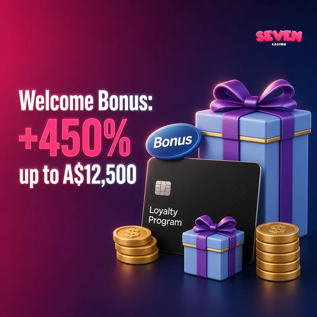 Seven Casino welcome bonus offer of +450% deposit match up to A$12,500 for new Australian players
