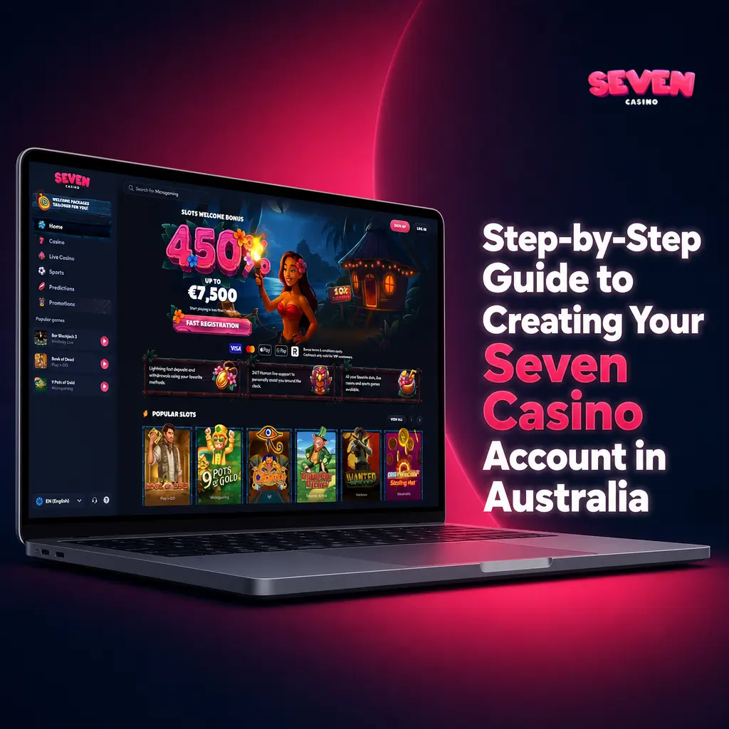 Seven Casino Australia account registration steps showing sign-up form with AUD currency selection and verification process