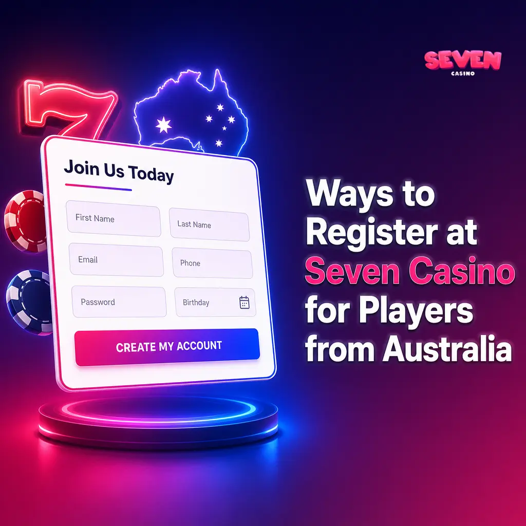 Seven Casino registration methods for Australian players showing email, express, social, and mobile app sign-up options